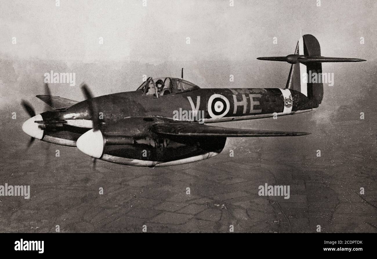 The Westland Whirlwind, a British twin-engined heavy fighter developed by Westland Aircraft. A contemporary of the Supermarine Spitfire and Hawker Hurricane, it was the first single-seat, twin-engined, cannon-armed fighter of the Royal Air Force. When it first flew in 1938, the Whirlwind was one of the fastest combat aircraft in the world and with four Hispano-Suiza HS.404 20 mm autocannon in its nose, the most heavily armed. Stock Photo