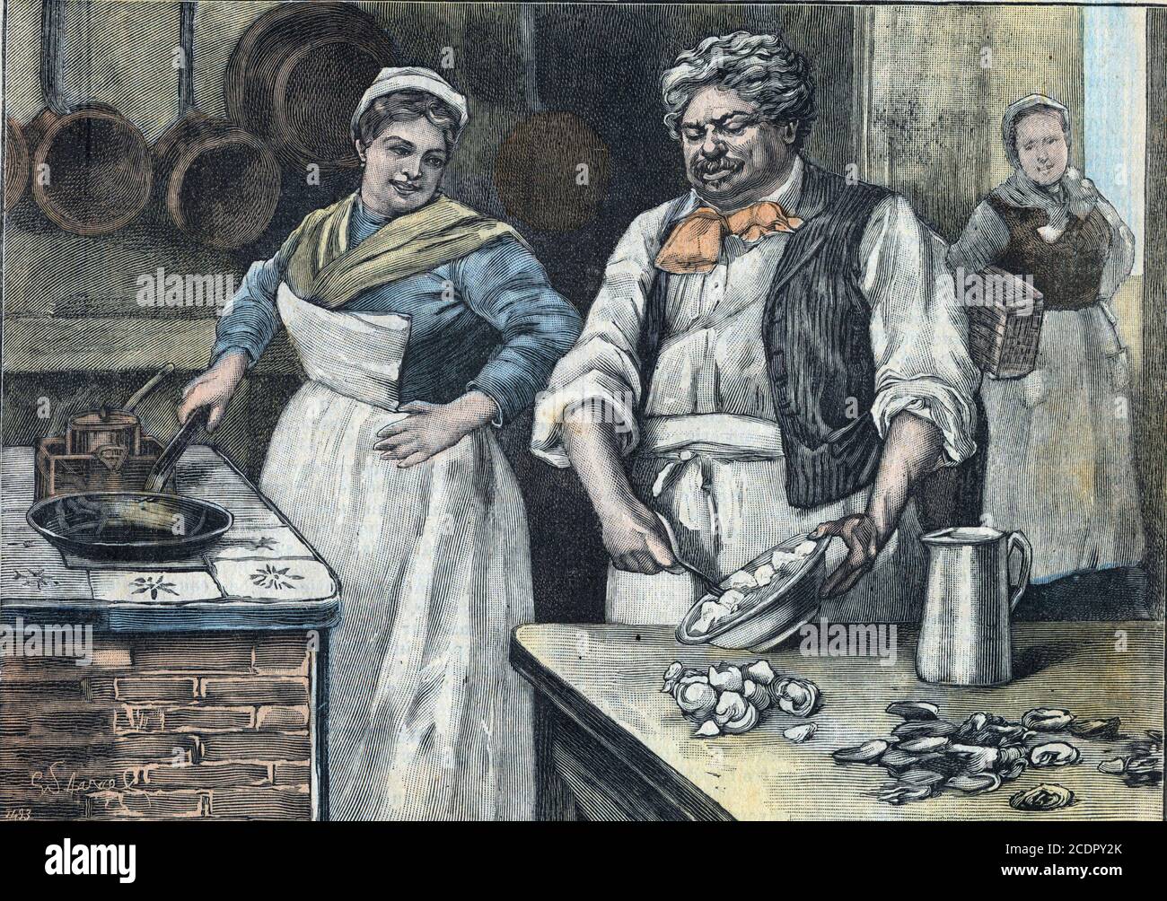 Alexandre Dumas father and his omelette with oysters -  Alexandre Dumas pere cuisinant un omelette aux huitres from ' La cuisine des familles ' 1905 Stock Photo