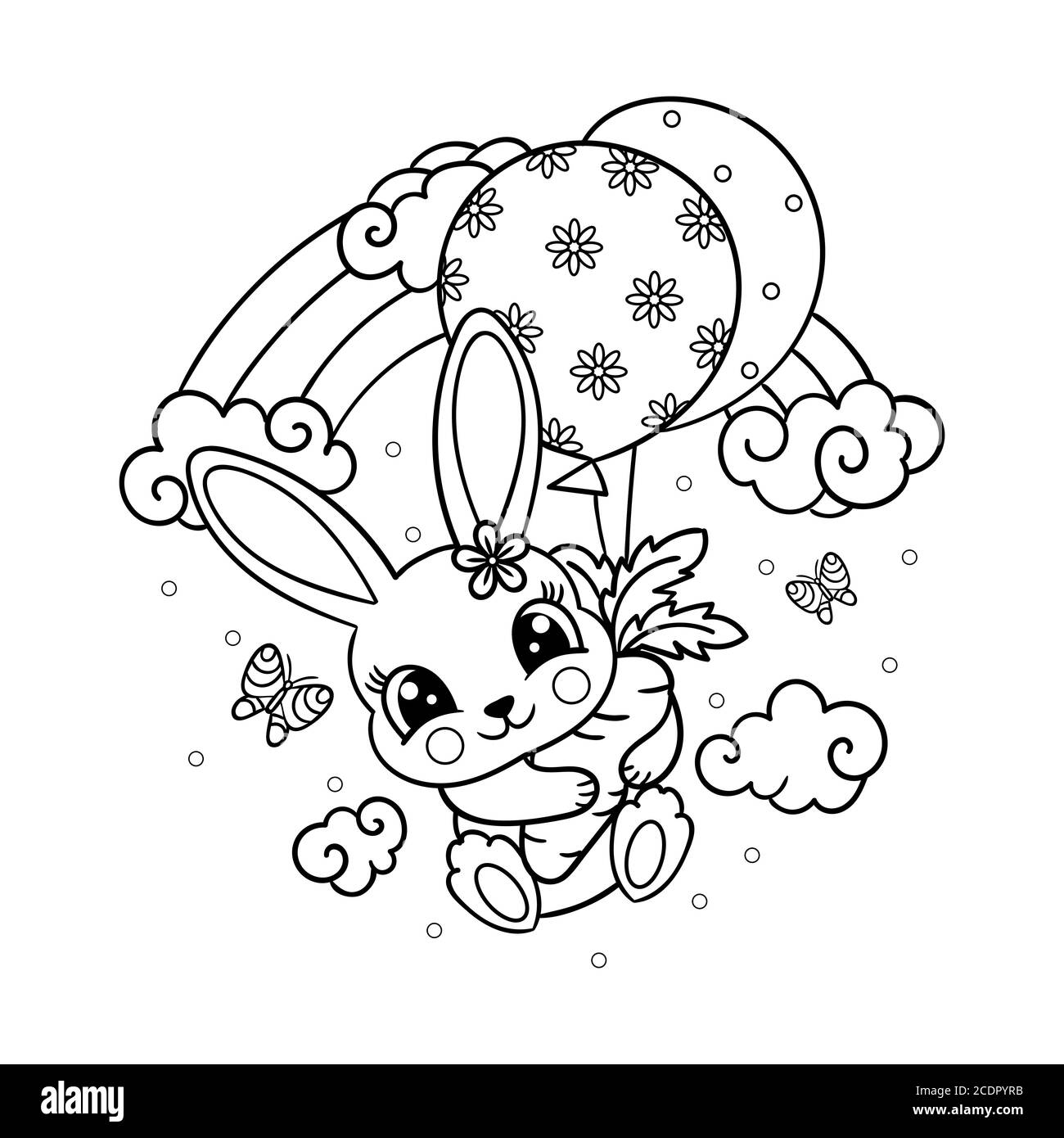Cute little rabbit is flying in a balloon with a carrot. Black and white children's illustration. For the design of coloring books, greeting cards, pr Stock Vector