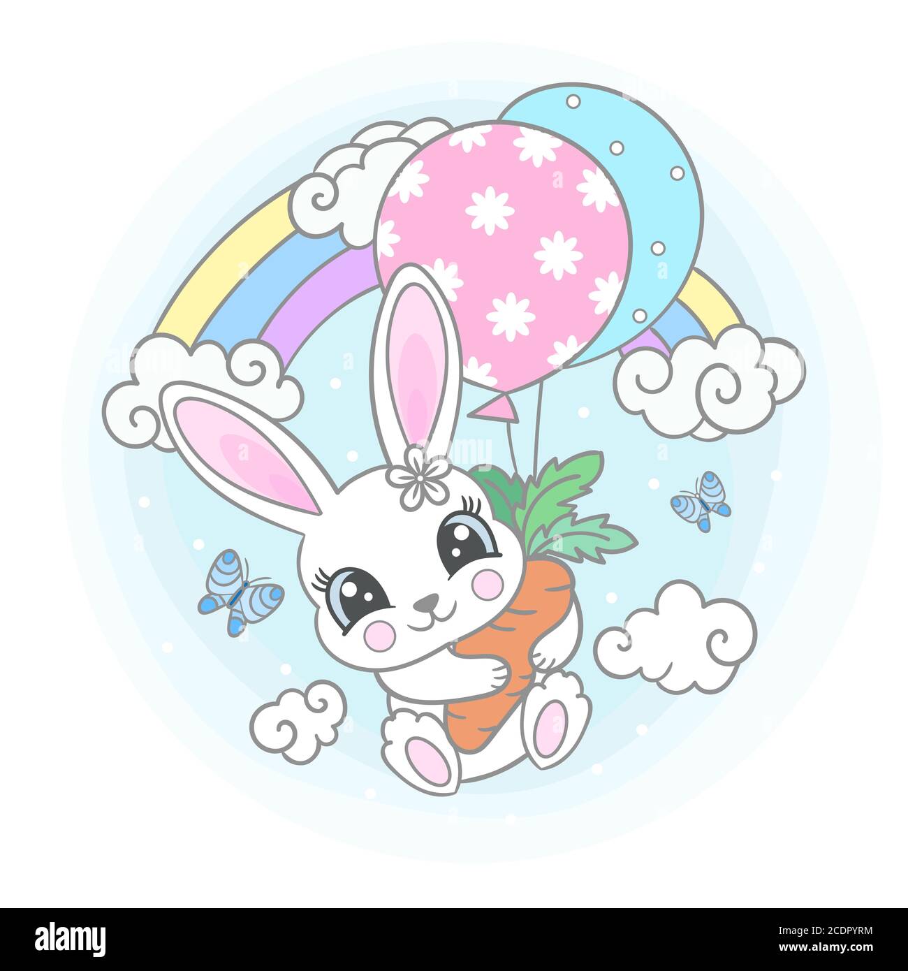 Cute rabbit flies on balloons, holds a carrot. Children's illustration in pastel colors. For the design of Tet's cards, prints, posters, Vector... Stock Vector