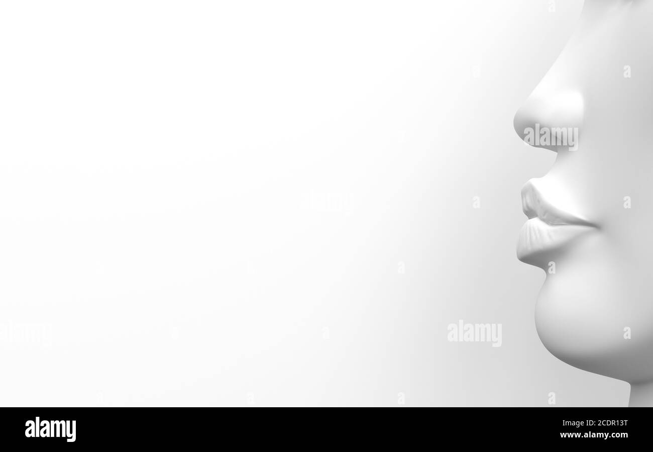 White colorless female face with white skin in profile on a white background. 3D render. Stock Photo