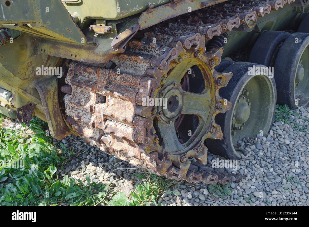 Caterpillar chain of the old tank. Museum of military equipment in the open air Stock Photo