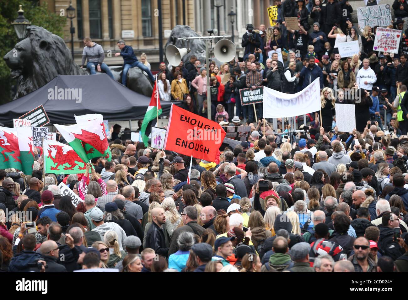 Anti-lockdown protesters, who believe that the coronavirus pandemic is a hoax, gather at the 'Unite For Freedom' rally in Trafalgar Square, London. Stock Photo