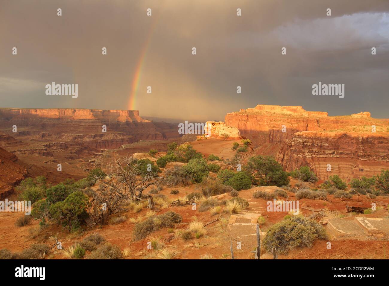 Rare view of a double rainbow during a rainstorm in Utah's canyonlands national park; views only comparable to mars Stock Photo