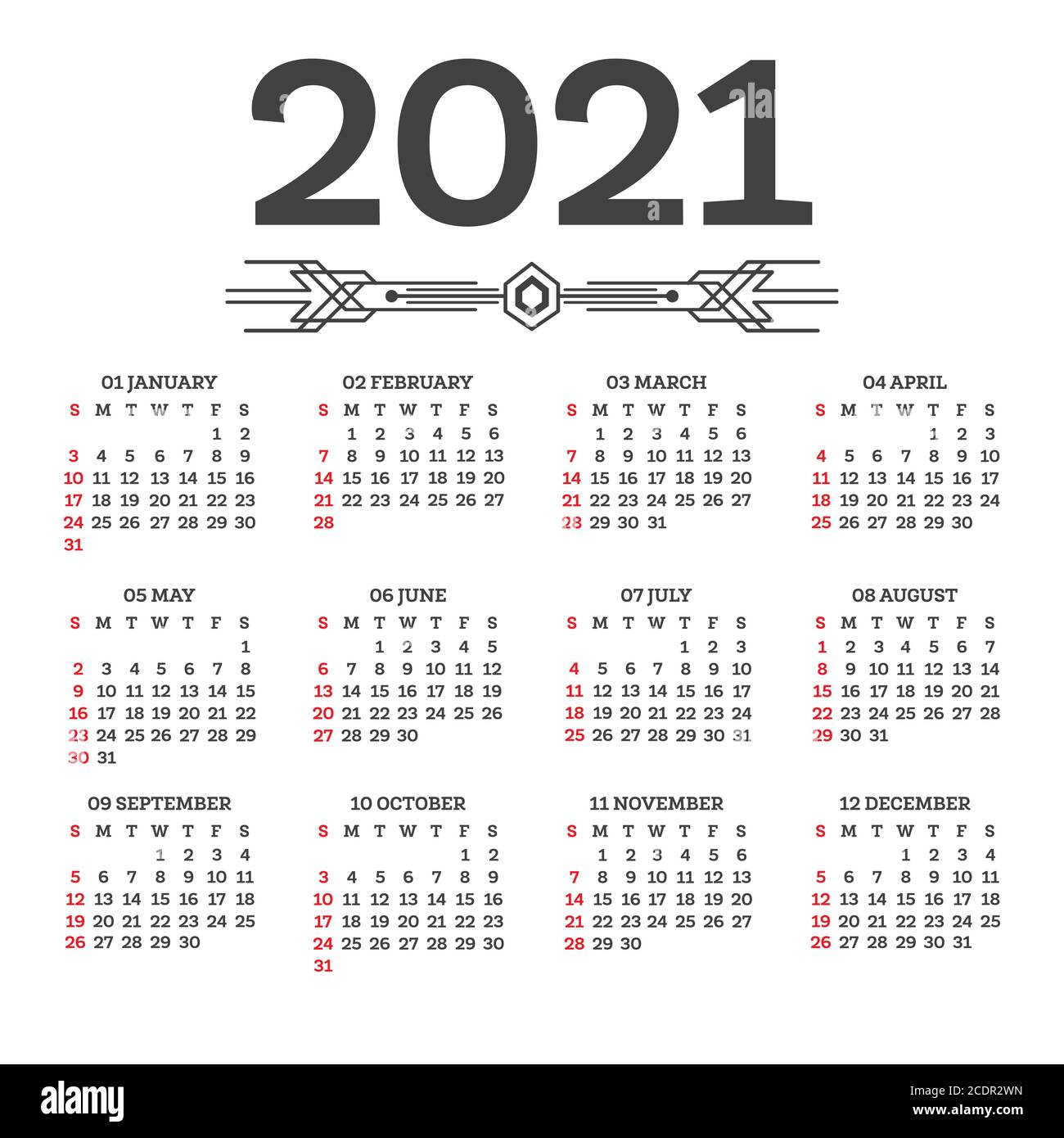 2021 calendar, week starts Sunday. Vector illustration, flat