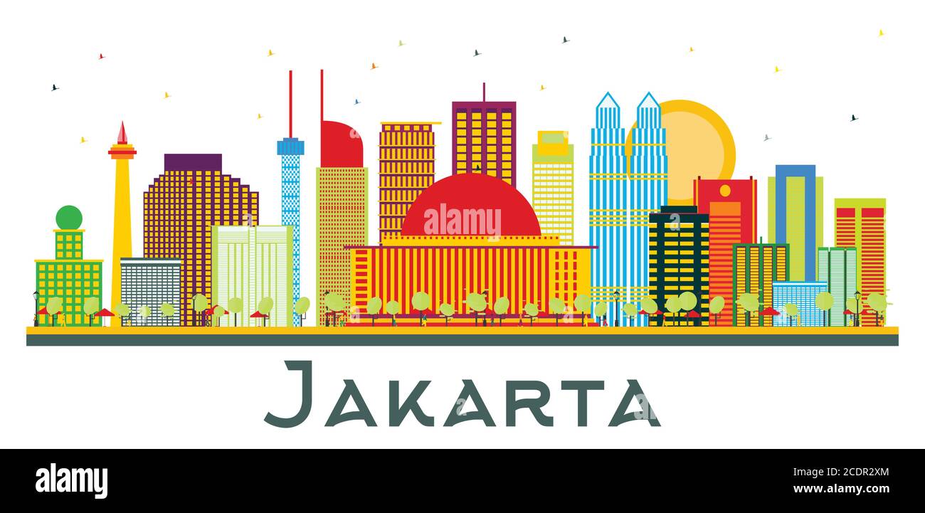 Jakarta Indonesia City Skyline with Color Buildings Isolated on White. Vector Illustration. Business Travel and Tourism Concept. Stock Vector