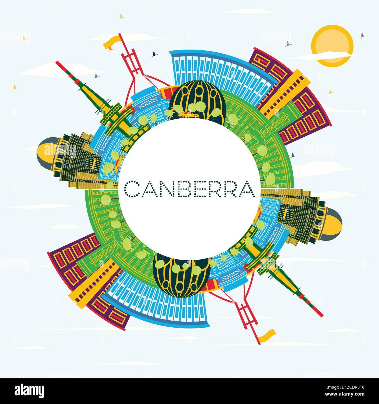 Canberra Australia City Skyline with Color Buildings, Blue Sky and Copy Space. Vector Illustration. Business Travel and Tourism Concept. Stock Vector