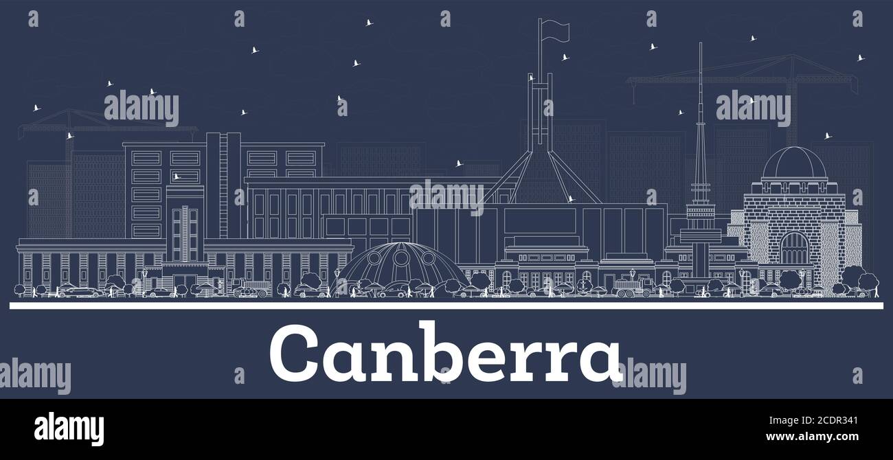 Outline Canberra Australia City Skyline with White Buildings. Vector Illustration. Business Travel and Concept with Historic Architecture. Stock Vector