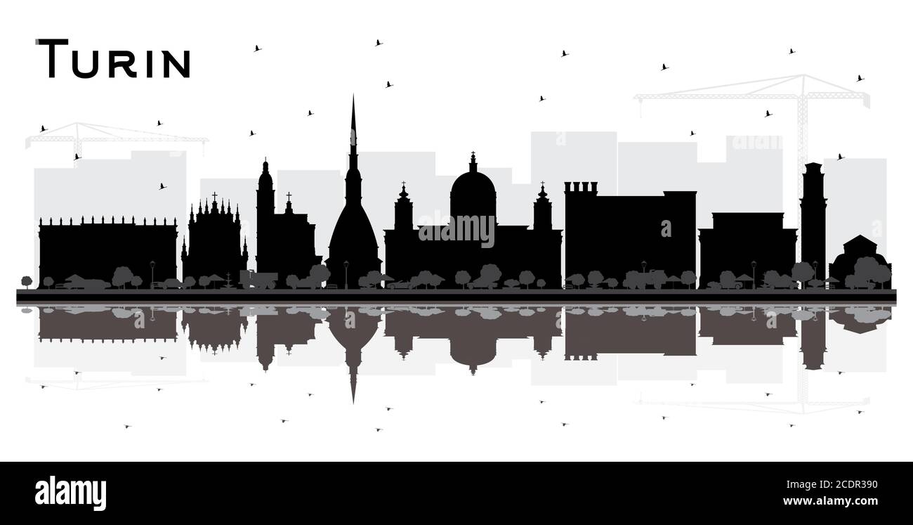 Turin Italy City Skyline Silhouette with Black Buildings and Reflections Isolated on White. Vector Illustration. Travel and Tourism Concept. Stock Vector