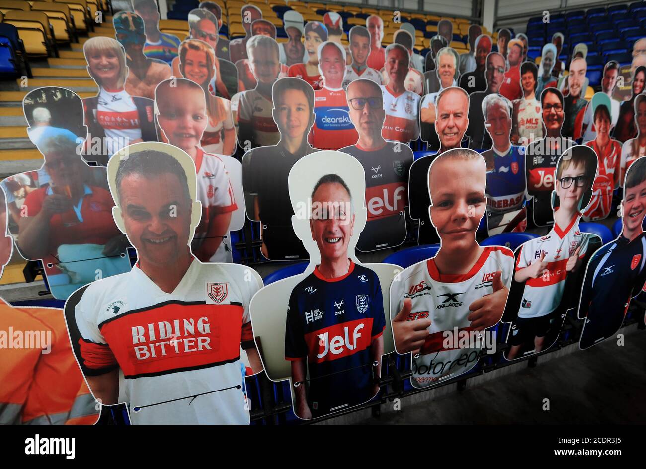 Cardboard cut outs of fans in the stands before the Super League match at the Halliwell Jones Stadium, Warrington. Stock Photo