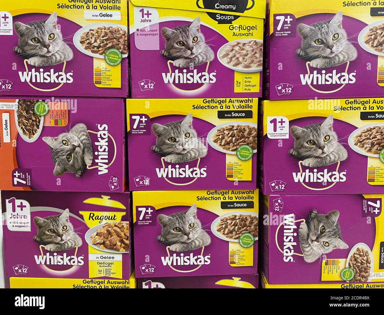 Viersen Germany July 9. 2020 View on stacked whiskas cat food