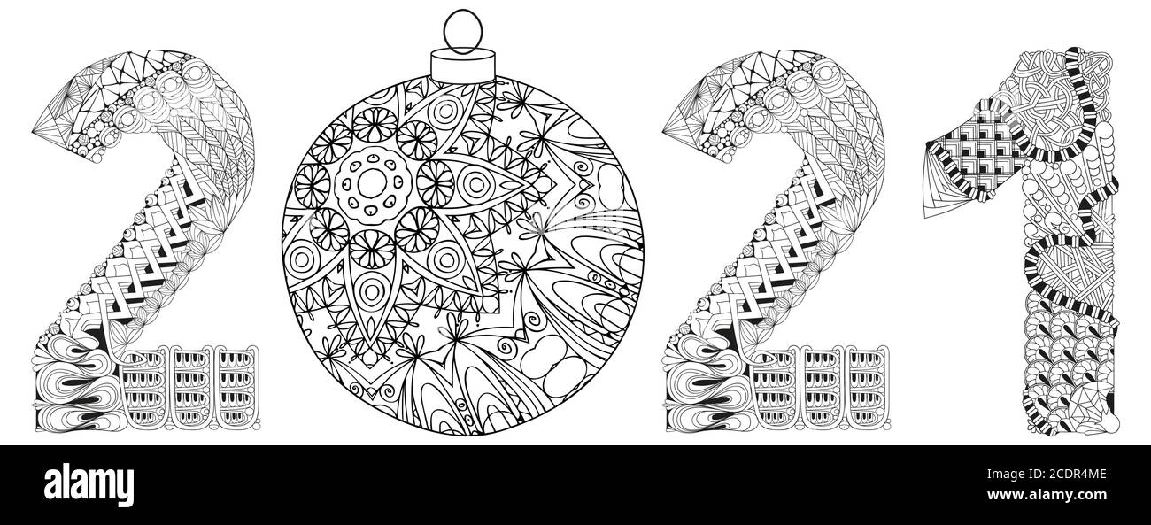 Number 2021 with a Christmas ball Zentangle. Vector decorative object for coloring Stock Vector