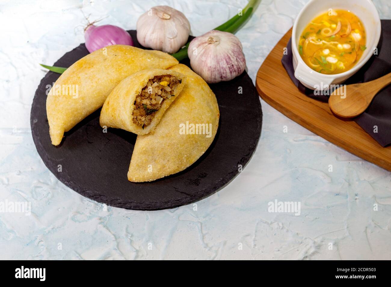 Colombian empanadas, typical food of Colombia along with chili sauce in