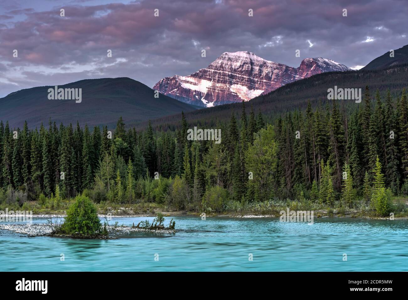 Mount Edith Cavell and the Athabasca  River in Jasper National Park, Alberta, Canada. Stock Photo