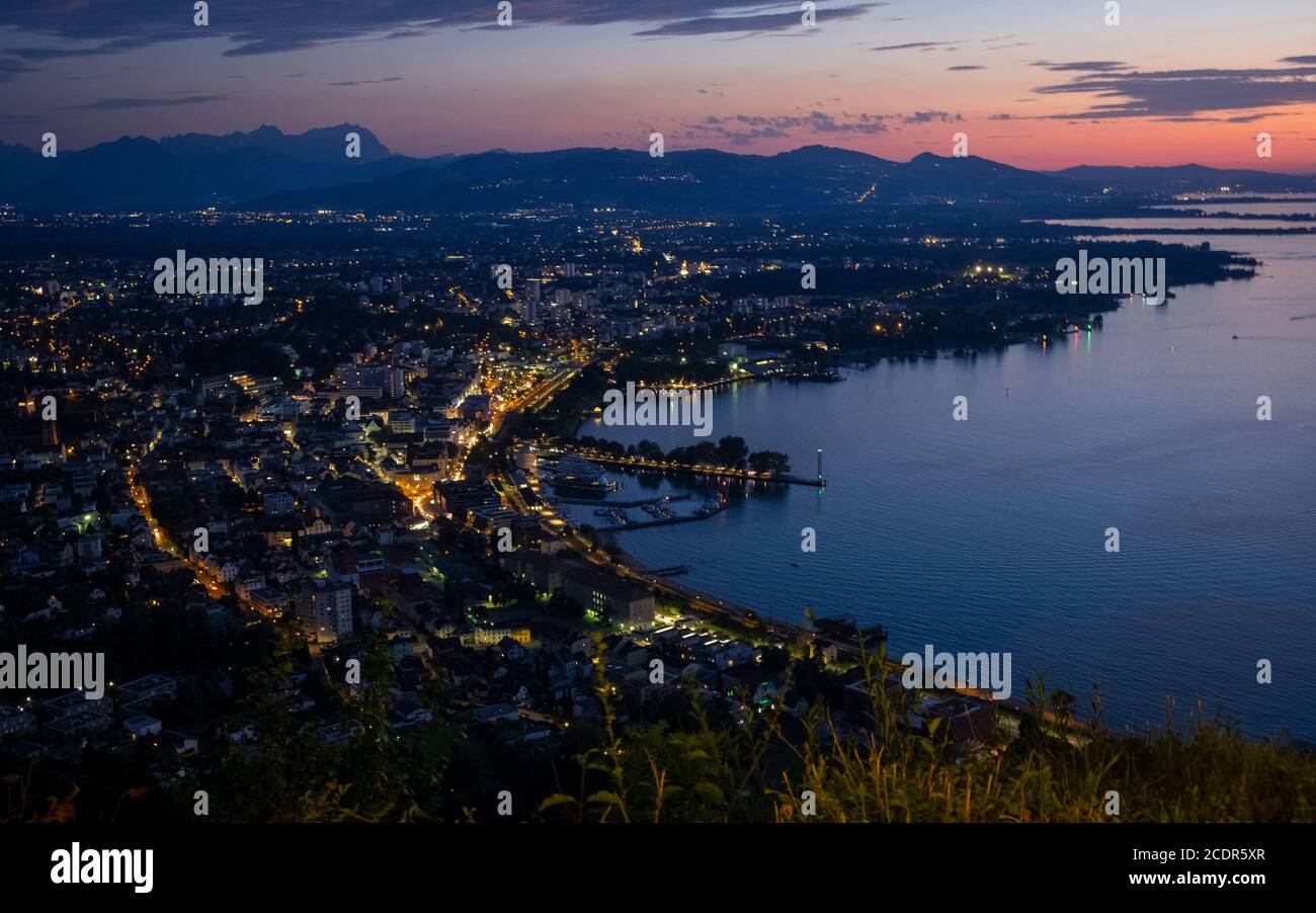 Night shot over Bregenz and the Lake Constance, Austria Stock Photo