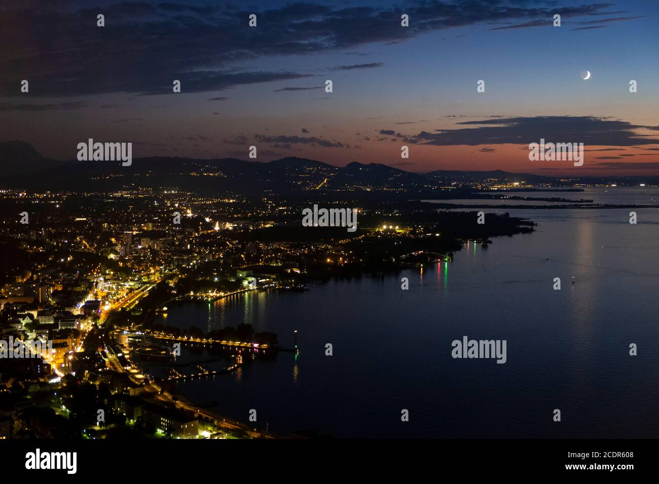 Night shot over Bregenz and the Lake Constance, Austria Stock Photo