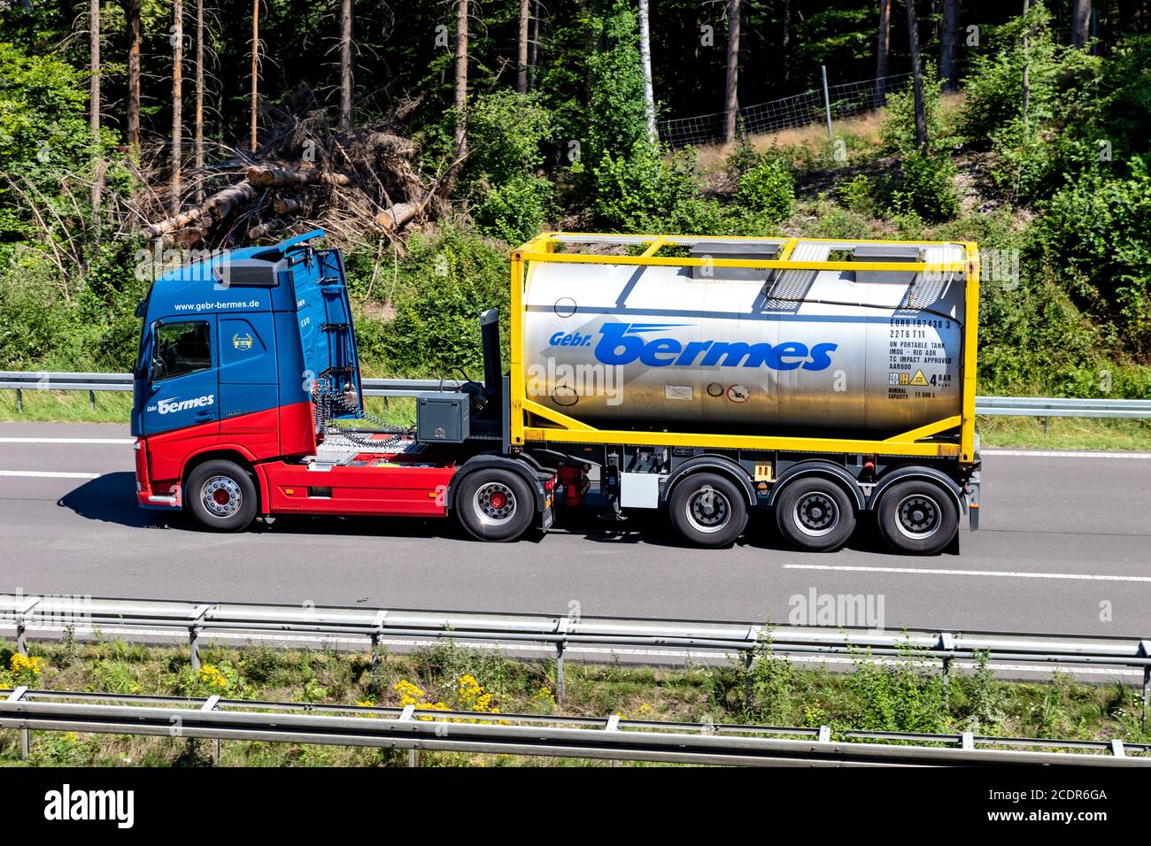 bermes Volvo FH truck with tank container on motorway. Stock Photo