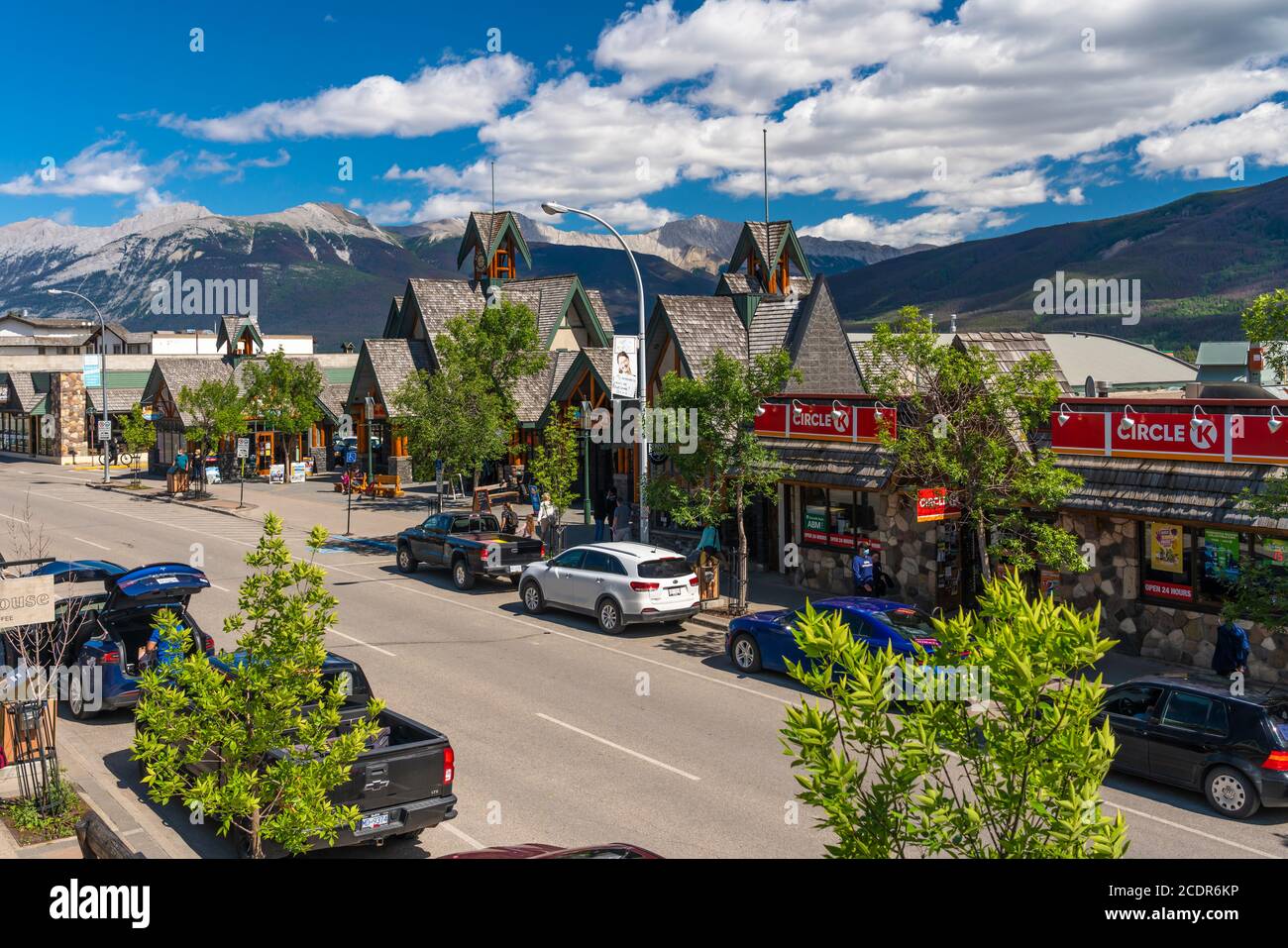 Shops in Jasper townsite, Jasper National Park, Alberta, Canada. Stock Photo