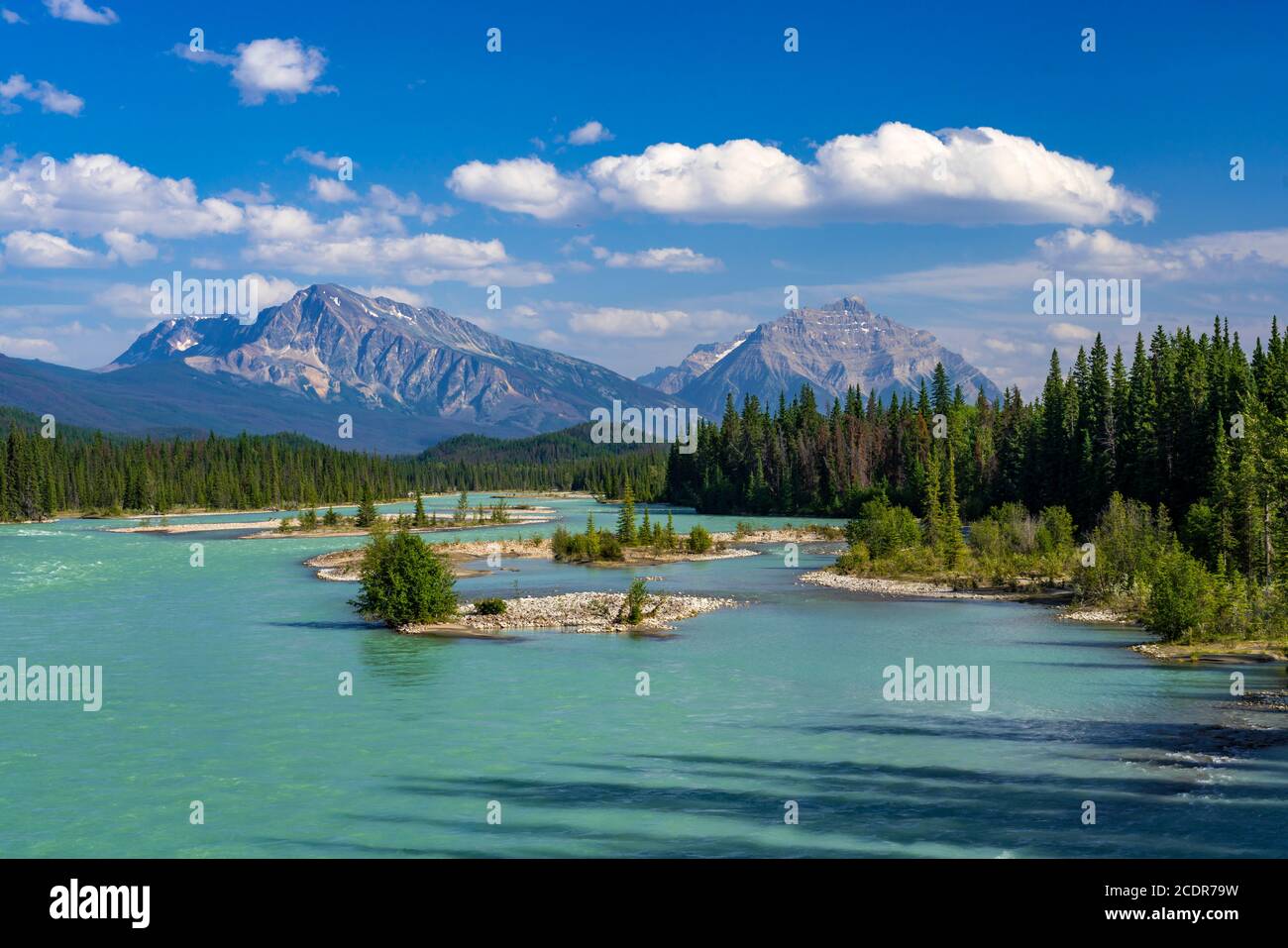 The Athabasca River along the icefields Parkway near Jasper, Alberta, Canada Stock Photo