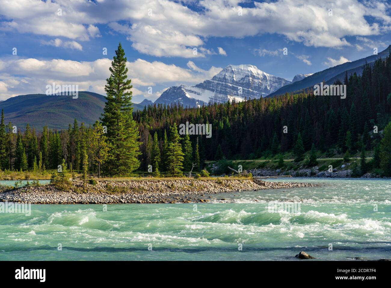 Mount Edith Cavell and the Athabasca  River in Jasper National Park, Alberta, Canada. Stock Photo