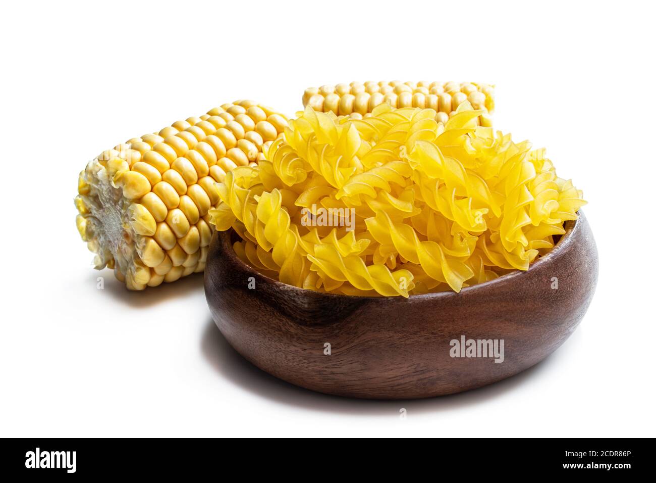 Gluten free dried fusilli pasta made from maize and rice flour isolated