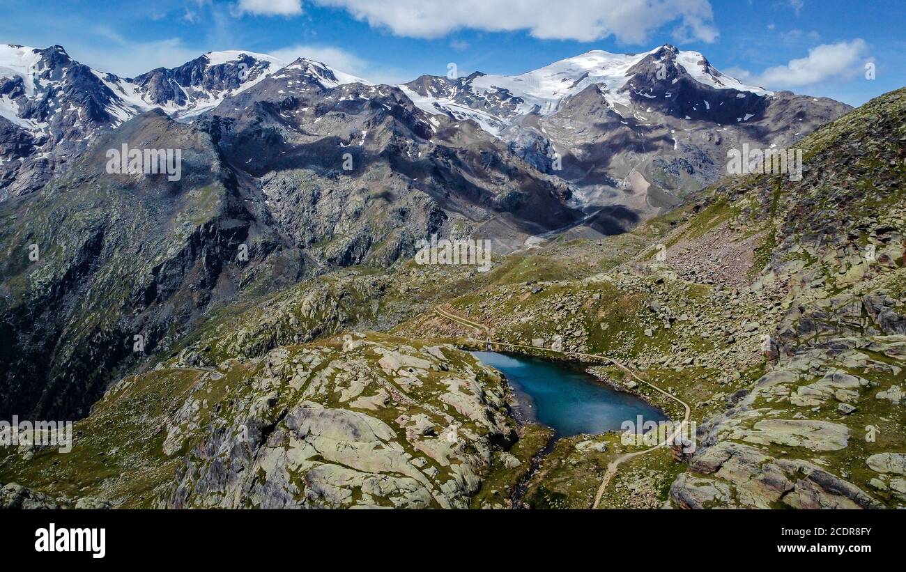 Pejo Valley with Cevedale lakes and Ortles - Cevedale mountains group. Panoramic view. Trentino Alto Adige, Trento province, northern Italy. Stelvio N Stock Photo