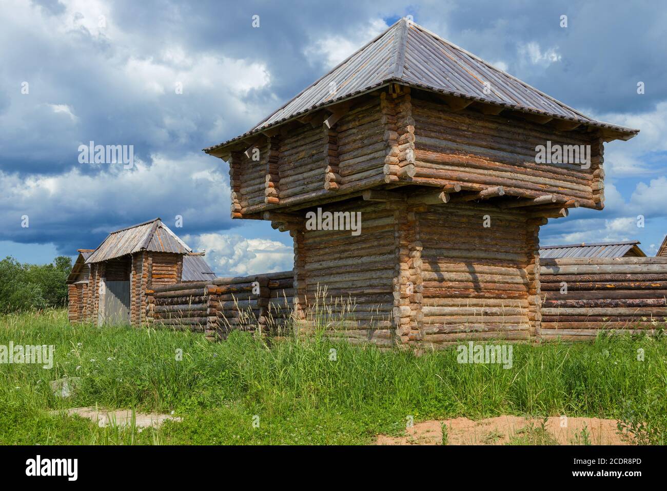 Tower of an ancient Russian wooden fortress (reconstruction) on the Rurik settlement. Veliky Novgorod, Russia Stock Photo