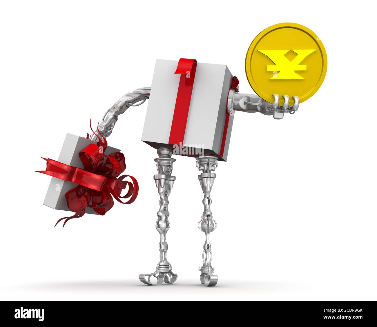 Money - the best gift. Cyborg as a open gift box (with hands and feet) holding a gold coin with the symbol of the Chinese currency - yuan. Stock Photo