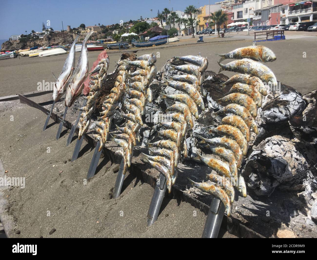Way of cooking fish on the Malaga coast, called espetos Stock Photo