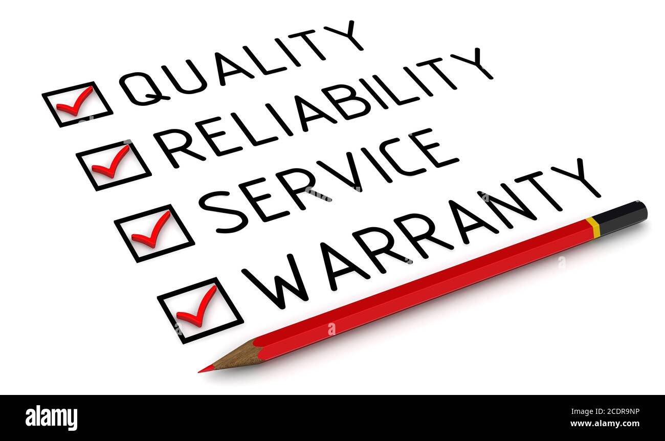 Business strategy quality, reliability, service, warranty. Red pencil and a checklist with red