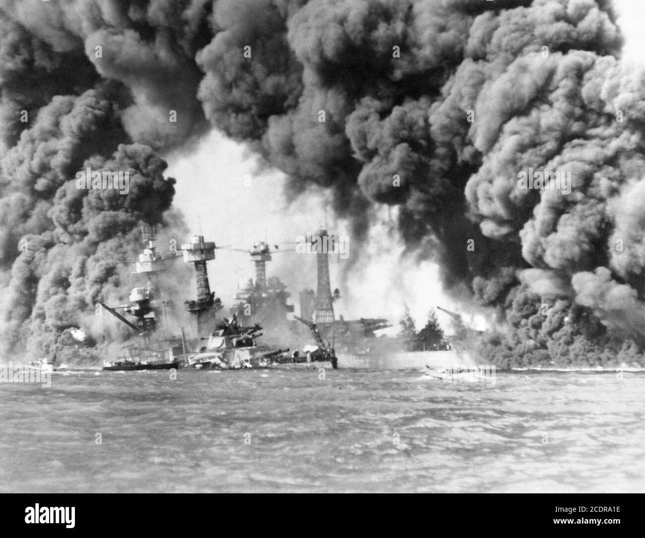 Pearl Harbor 1941. Photograph of the USS West Virginia and the USS Tennessee after the Japanese attack on Pearl Harbor, December 7, 1941. Stock Photo