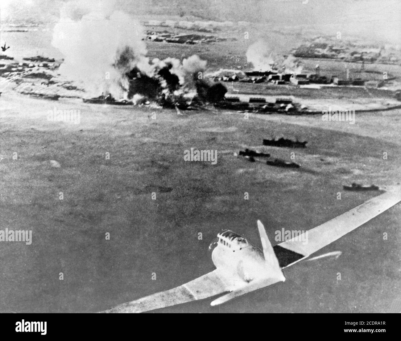 Pearl Harbor 1941. Photograph from a Japanese torpedo bomber during the Pearl Harbor attack on December 7, 1941. Stock Photo