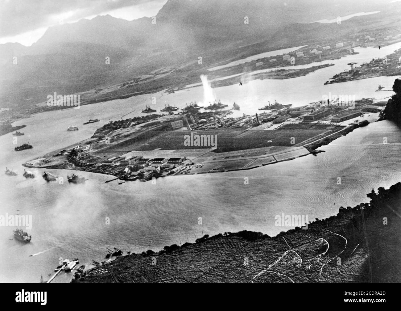 Pearl Harbor 1941. Photograph from a Japanese torpedo bomber during the attack on Pearl Harbor, December 7, 1941. Stock Photo