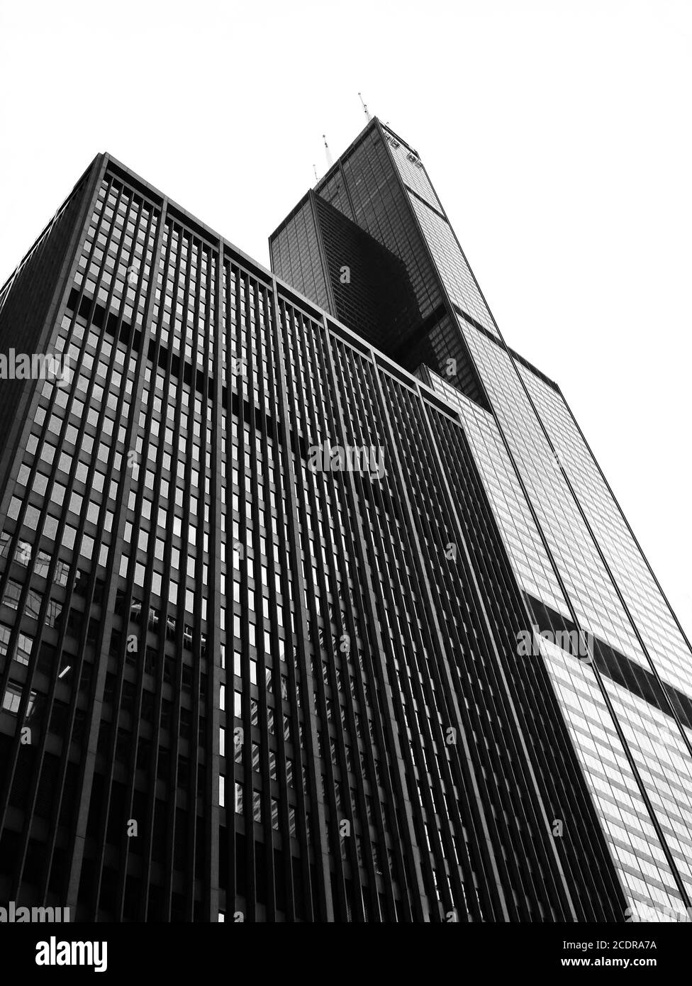 Looking up at Willis Tower / Sears Tower in Chicago, USA from ground level. Looming black skyscraper designed by Fazlur Rahman Khan. Stock Photo