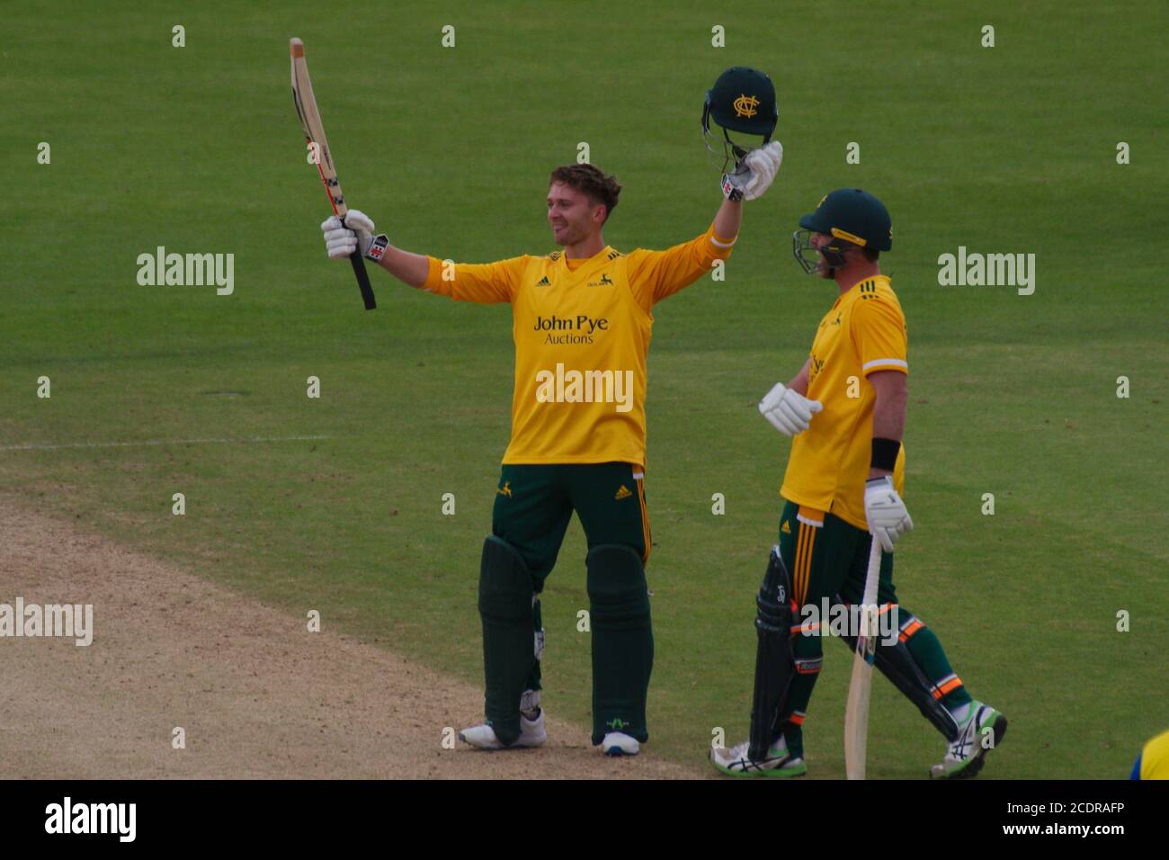 Chester le Street, England, 29 August 2020. Joe Clarke of Notts Outlaws celebrating after hitting a six to win the Vitality Blast match against Durham Cricket and reach 100 runs. Credit: Colin Edwards/Alamy Live News. Stock Photo