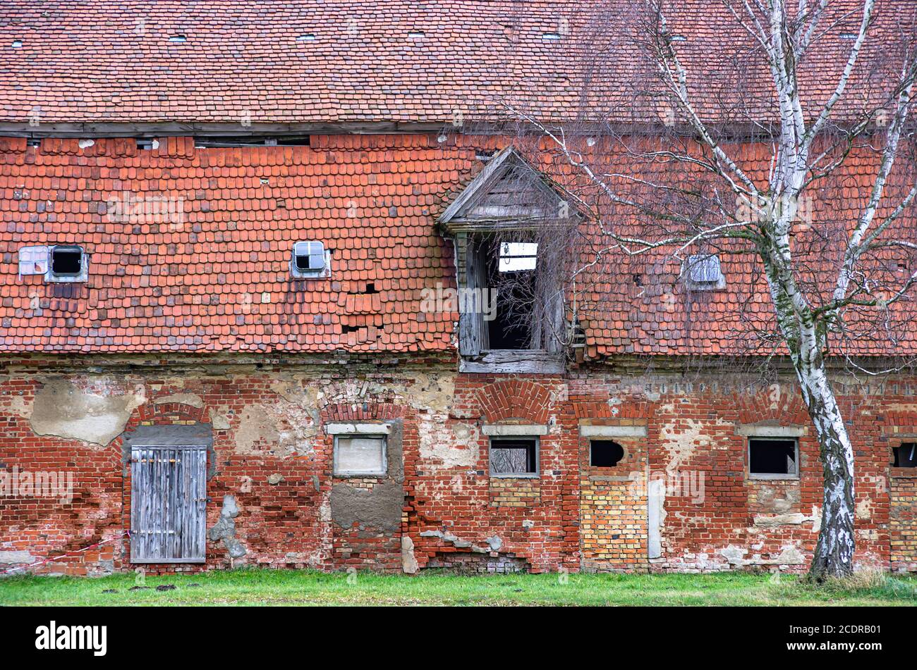 Dilipidated outbuilding and barns of a disintegrated baroque manor, Kummerow Manor, Mecklenburg Pomerania, Germany. Stock Photo