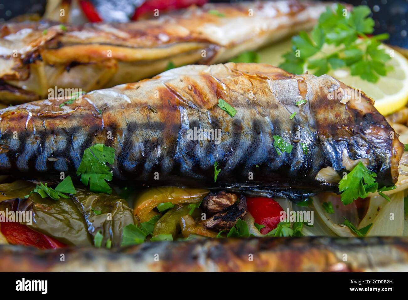 Delicious ovenroastel mackerel dish close up Stock Photo Alamy