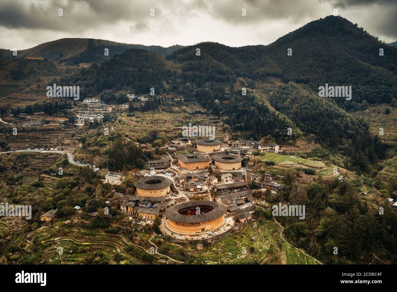 Aerial view of Tulou, the unique dwellings of Hakka in Fujian, China. Stock Photo
