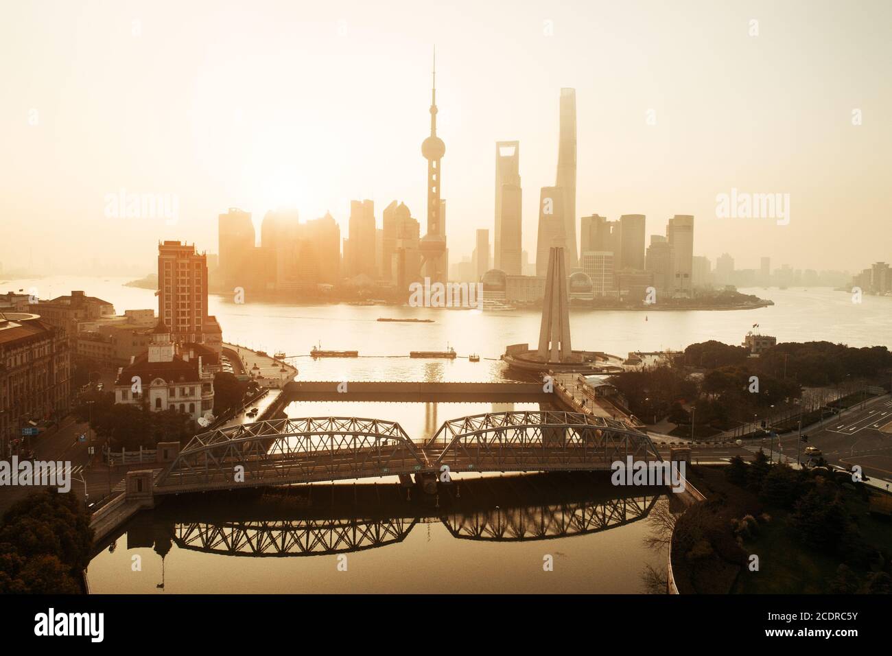 Shanghai city sunrise aerial view with Pudong business district and skyline in China. Stock Photo