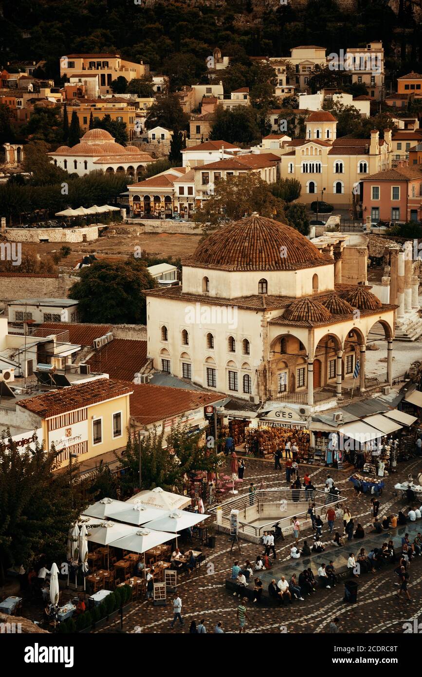 Athens rooftop view with street and historical architecture, Greece