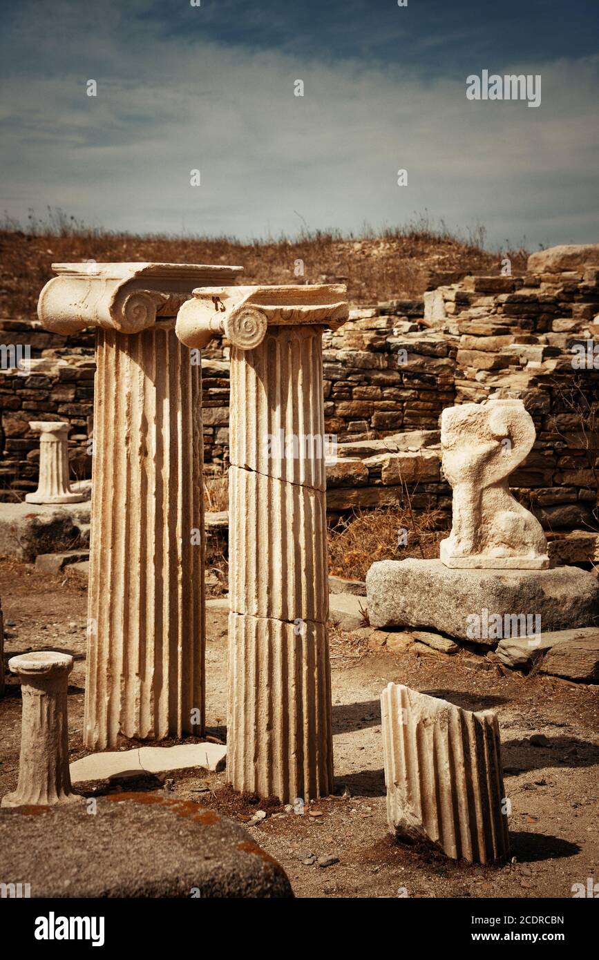 Pillars in historical ruins in Delos Island near Mikonos, Greece. Stock Photo