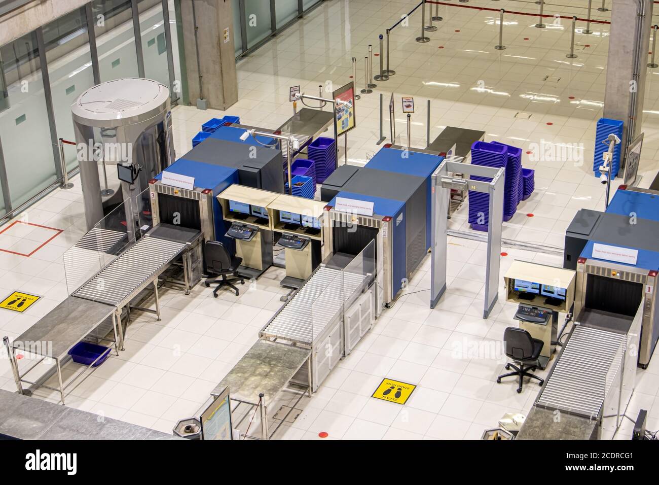 An empty checkpoint with scanners for control passengers and his baggage at the airport. Stock Photo