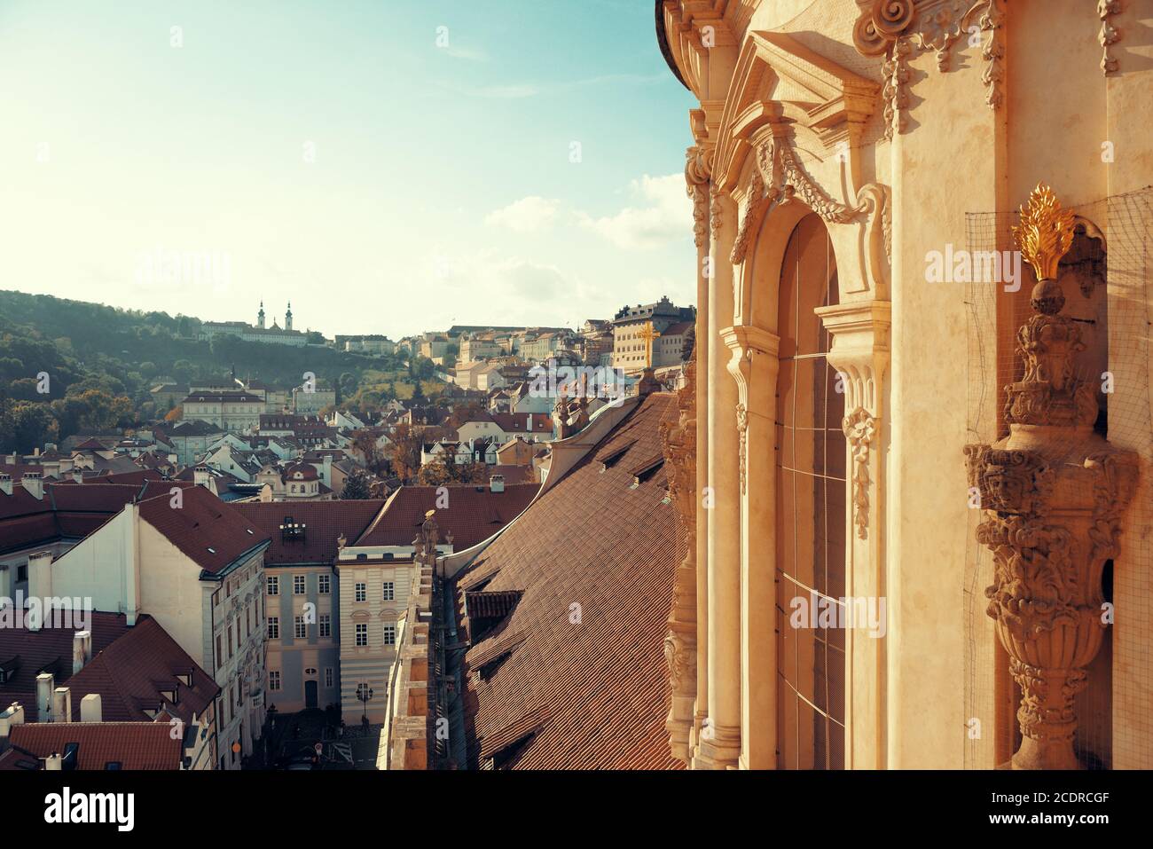 Prague skyline rooftop view with historical buildings in Czech Republic. Stock Photo