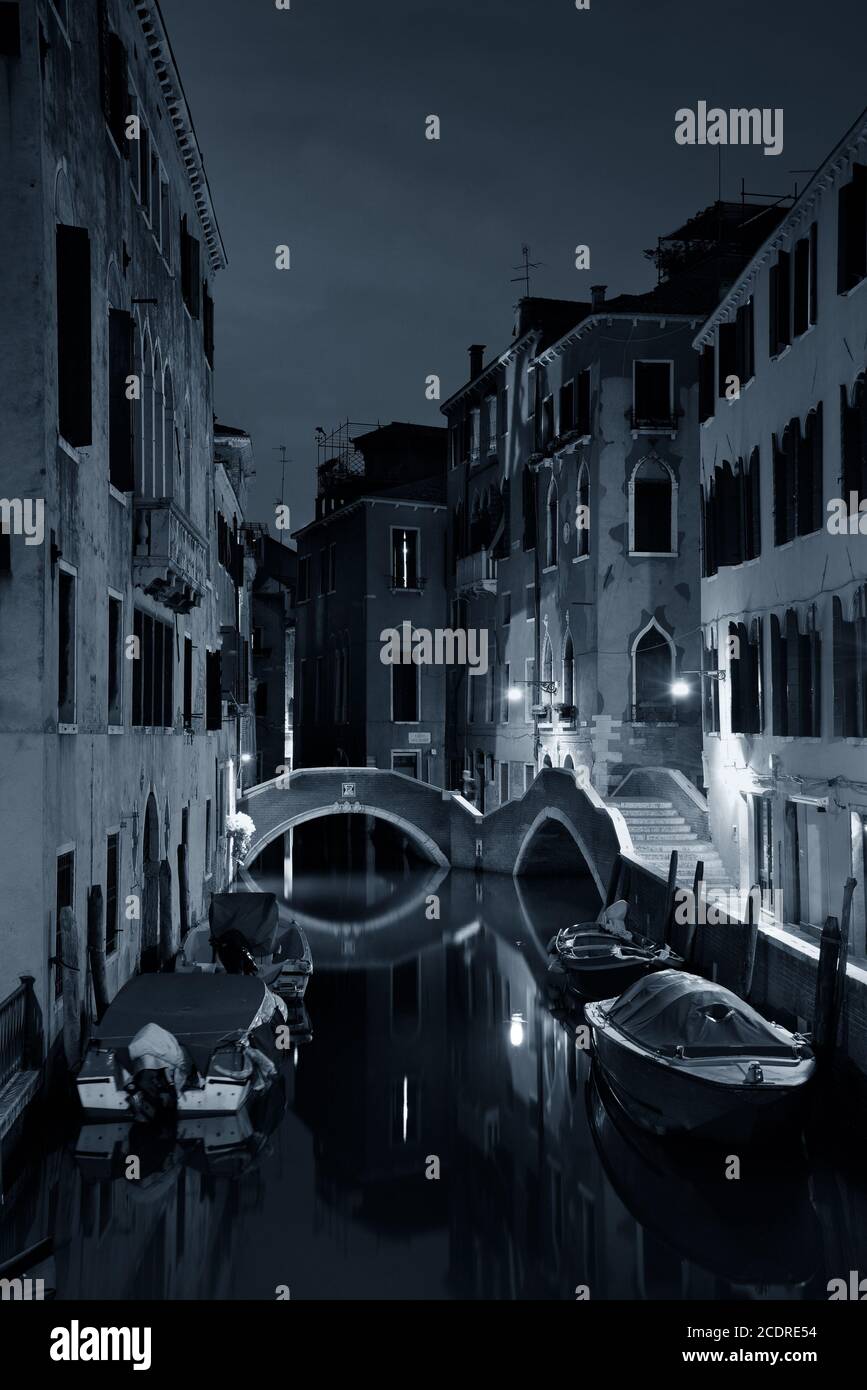 Venice Canal View At Night With Bridge And Historical Buildings. Italy ...