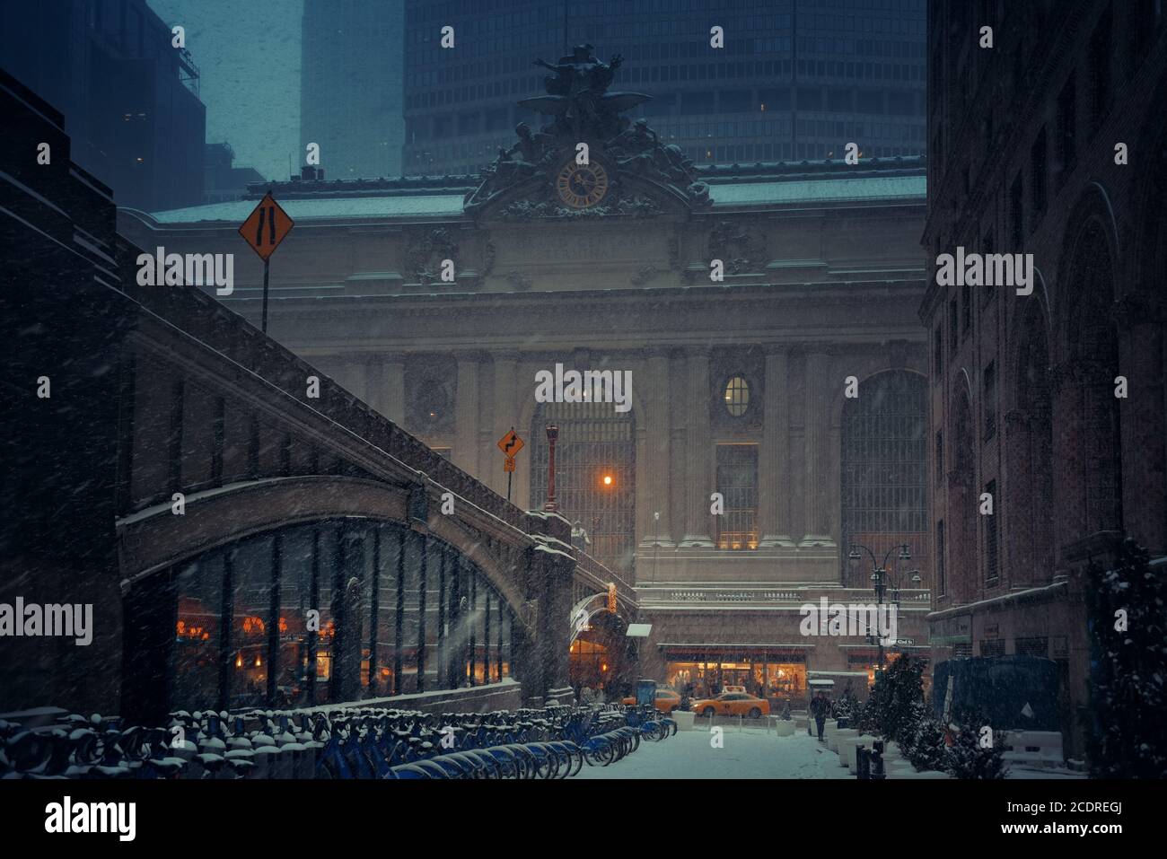 New York City Grand Central station with winter snow street view Stock Photo