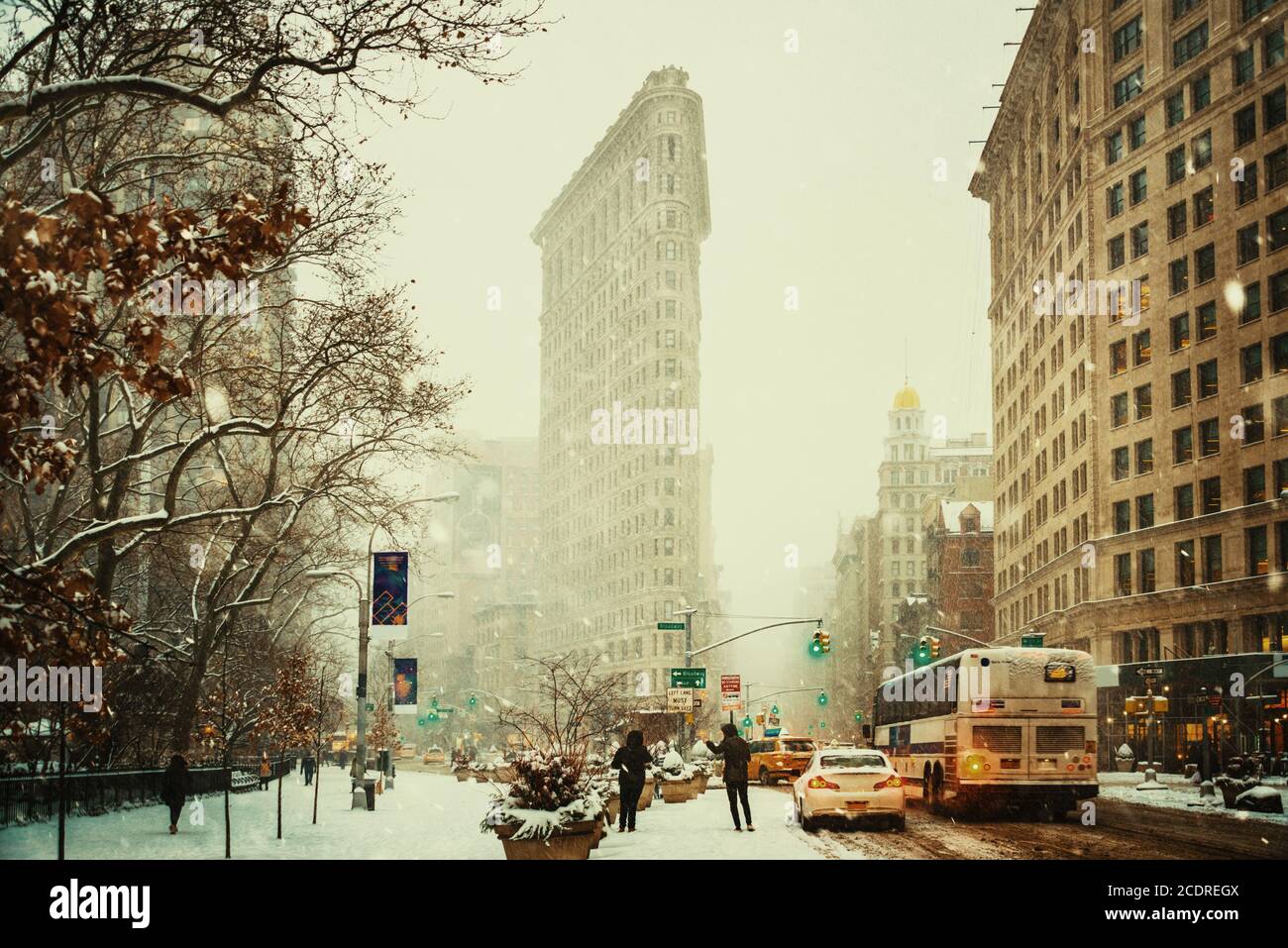 New York City street view in winter snow storm Stock Photo