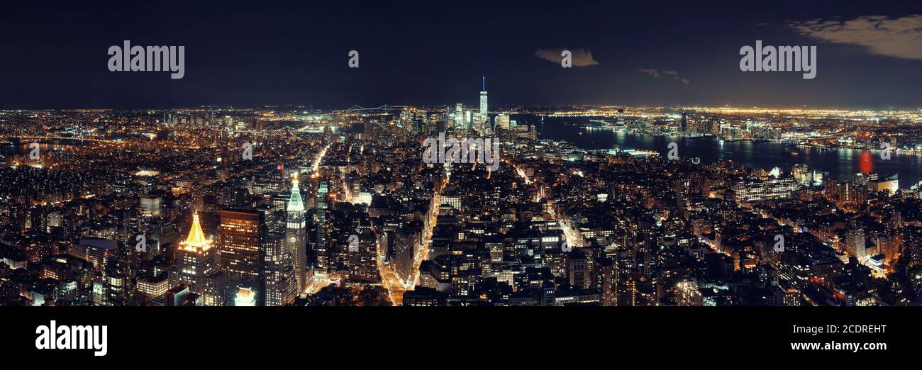 New York City downtown skyline panorama night view Stock Photo - Alamy