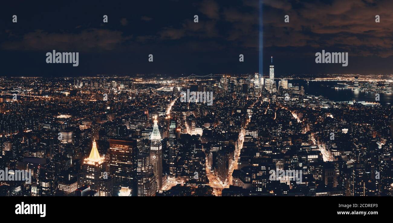 New York City downtown skyline panorama night view with September 11 ...