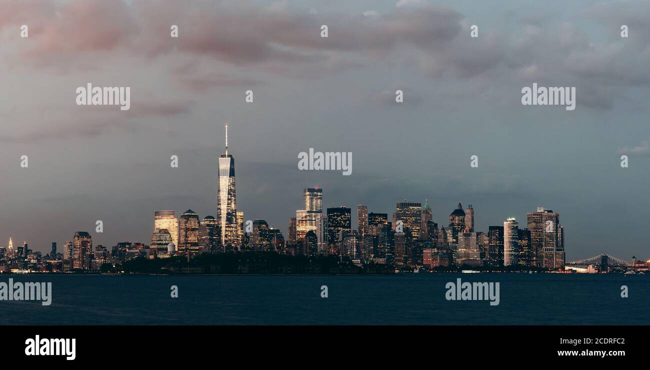 New York City downtown skyline panorama at dusk Stock Photo - Alamy