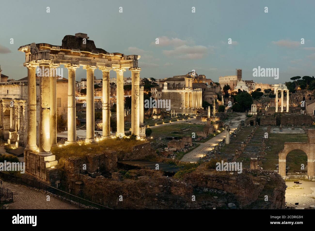 Rome Forum with ruins of ancient architecture at night. Italy. Stock Photo